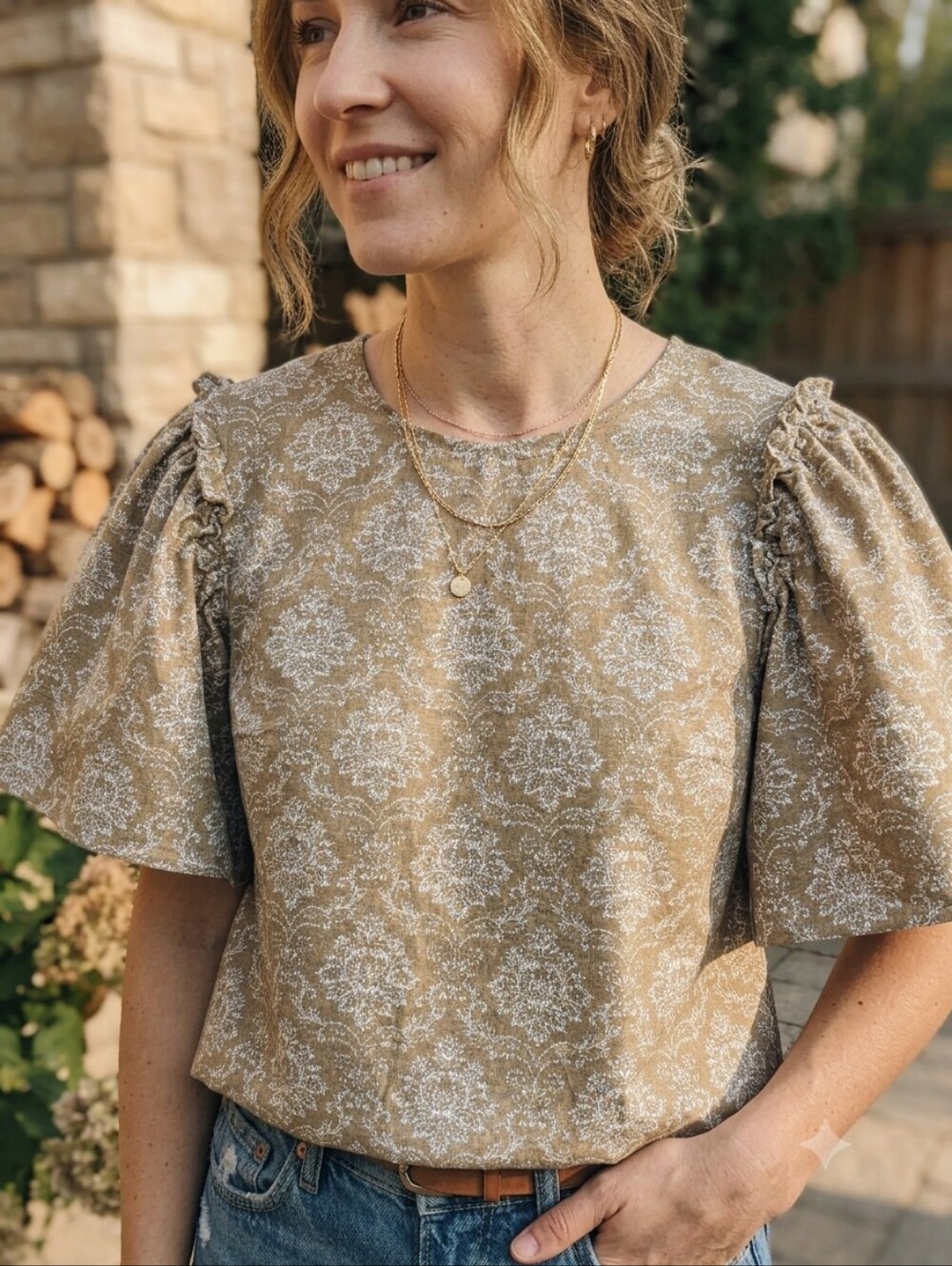 Hyacinth House Olive Damask Floral Blouse Flutter Sleeve Boho Poet Cottagecore